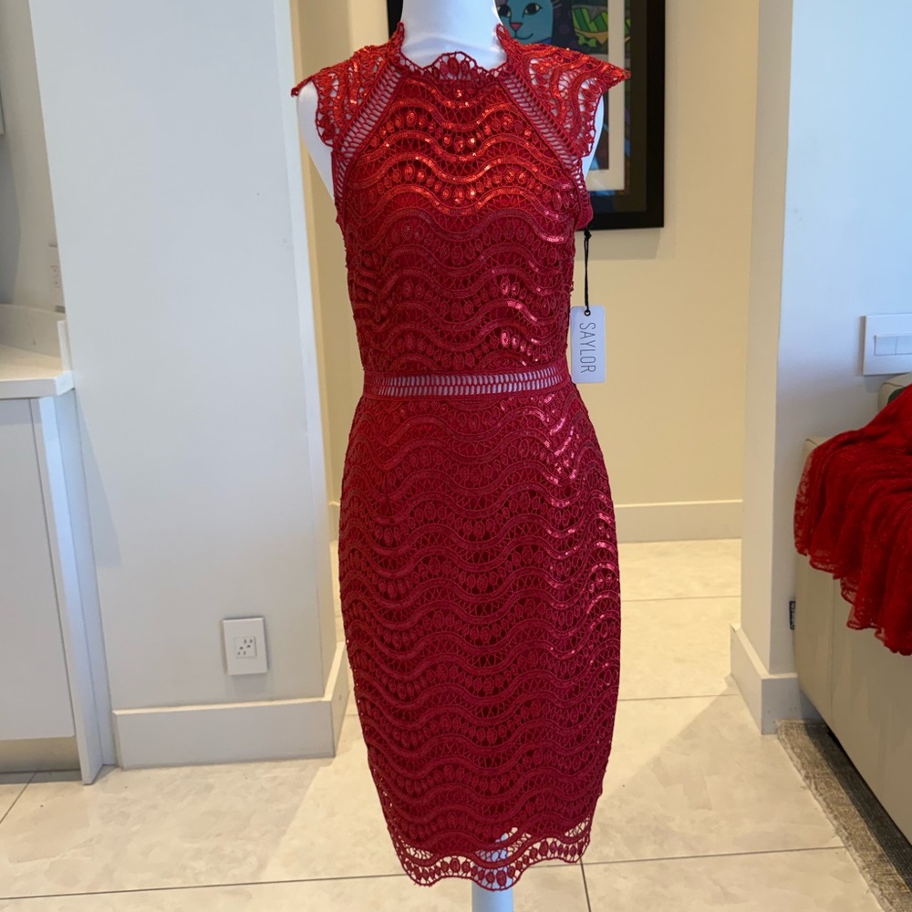 NWT SAYLOR Red Lace Midi sequined  keyhole back Sheath Dress
